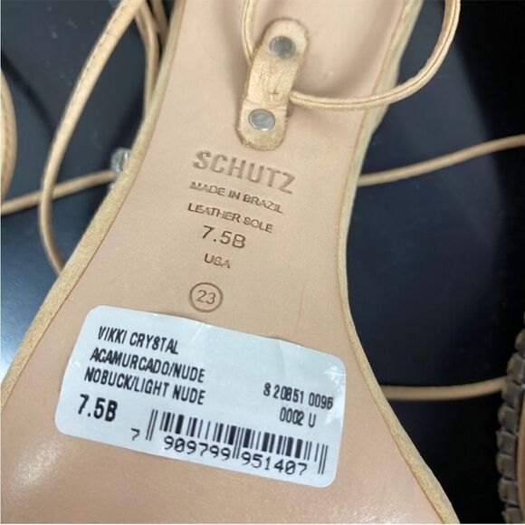 Schutz Vikki Crystal Embellished Ankle Wrap High Heel Sandals‎ Tan 7.5 Leather - Picture 12 of 15